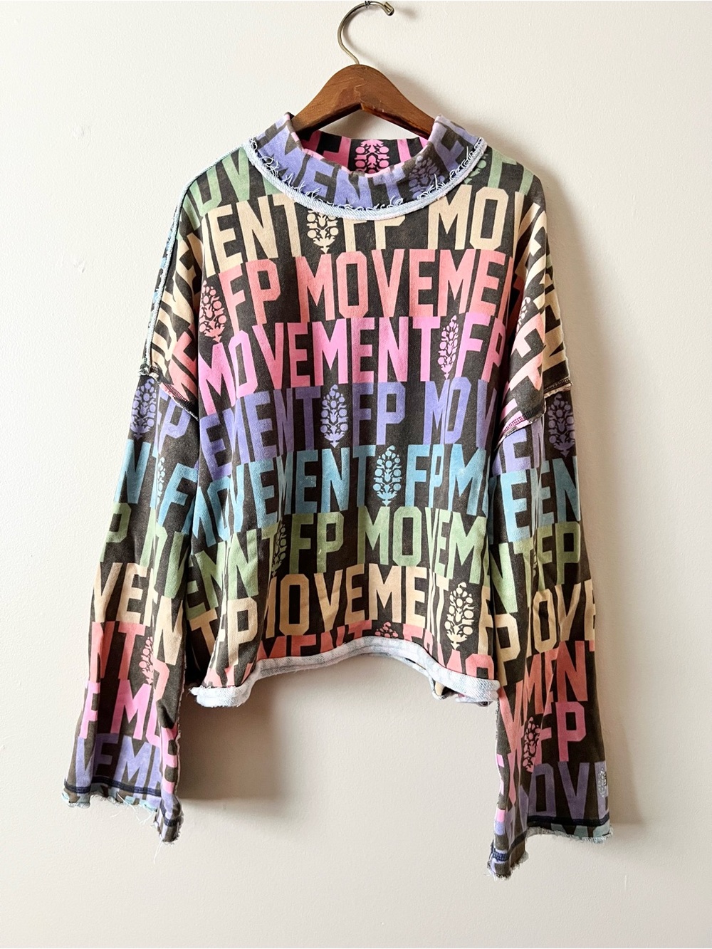 FP Movement by Free People Black Sweatshirt with Pastel Multicolor Logo Print
